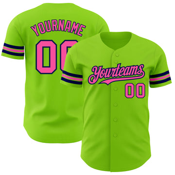 Custom Neon Green Pink-Navy Authentic Baseball Jersey