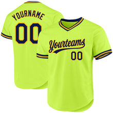 Load image into Gallery viewer, Custom Neon Green Navy-Gold Authentic Throwback Baseball Jersey

