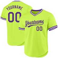 Load image into Gallery viewer, Custom Neon Green Purple-White Authentic Throwback Baseball Jersey
