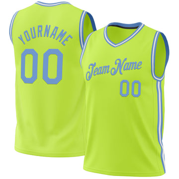 Custom Neon Green Light Blue-White Authentic Throwback Basketball Jersey