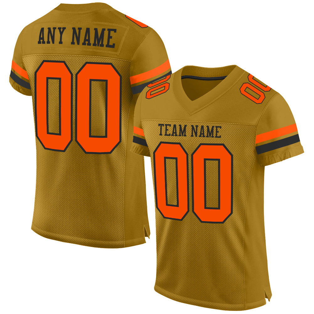 Custom Old Gold Orange-Black Mesh Authentic Football Jersey