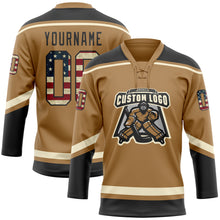 Load image into Gallery viewer, Custom Old Gold Vintage USA Flag Black-Cream Hockey Lace Neck Jersey
