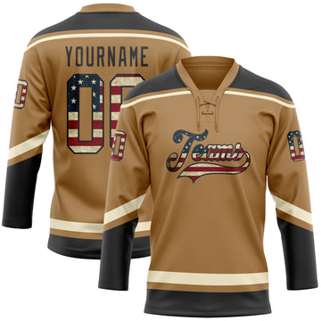 Custom Old Gold Vintage USA Flag Black-Cream Hockey Lace Neck Jersey