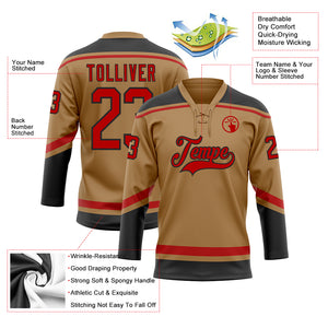 Custom Old Gold Red-Black Hockey Lace Neck Jersey