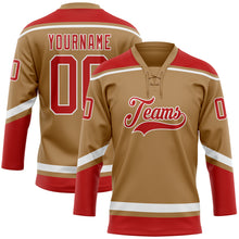 Load image into Gallery viewer, Custom Old Gold Red-White Hockey Lace Neck Jersey
