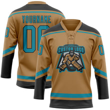 Load image into Gallery viewer, Custom Old Gold Teal-Black Hockey Lace Neck Jersey
