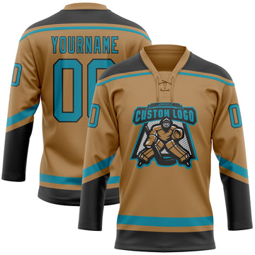 Custom Old Gold Teal-Black Hockey Lace Neck Jersey