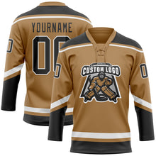 Load image into Gallery viewer, Custom Old Gold Black-White Hockey Lace Neck Jersey
