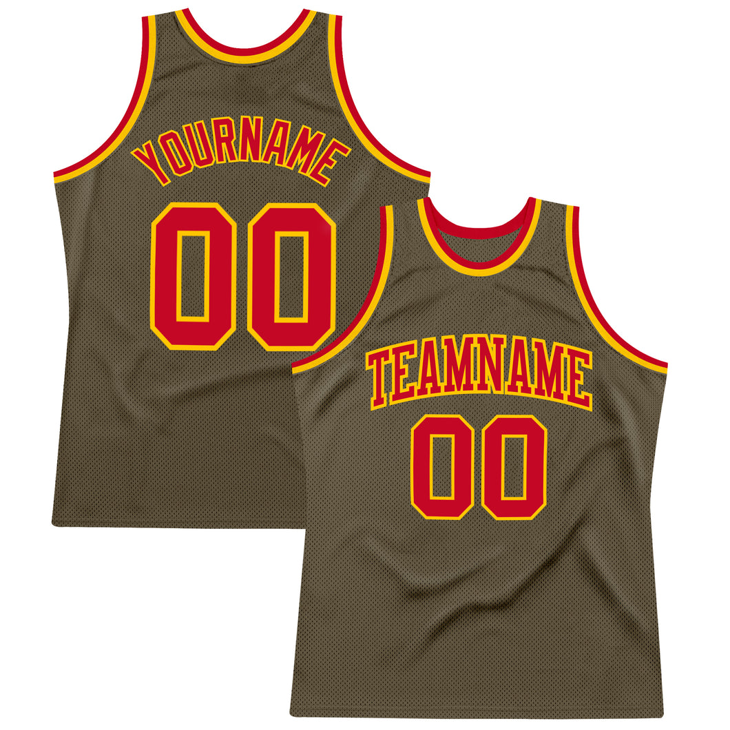 Custom Olive Red-Gold Authentic Throwback Salute To Service  Basketball Jersey