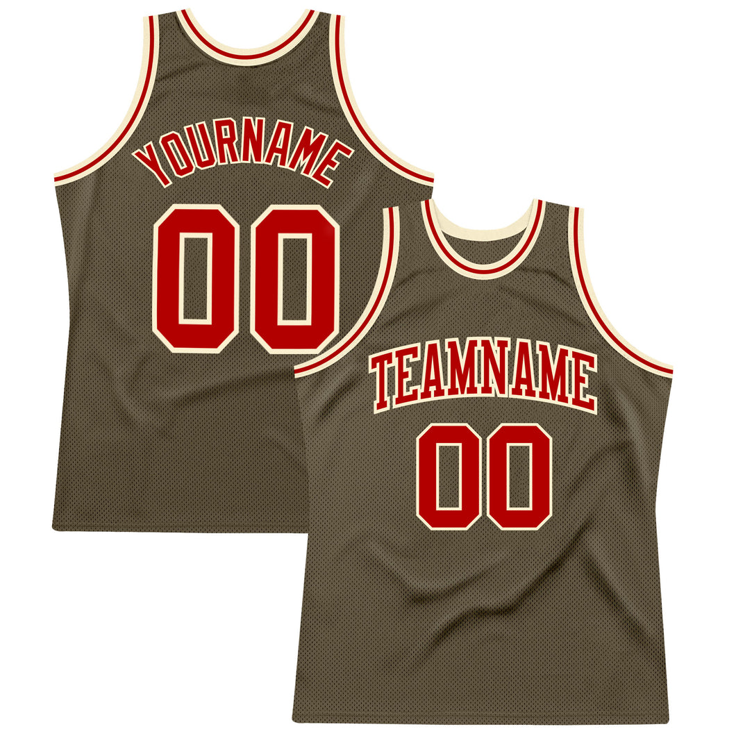 Custom Olive Red-Cream Authentic Throwback Salute To Service Basketball Jersey