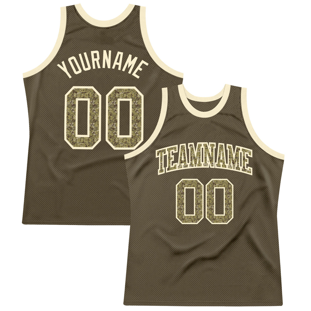 Custom Olive Camo-Cream Authentic Throwback Salute To Service Basketball Jersey