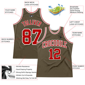 Custom Olive Red-White Authentic Throwback Salute To Service Basketball Jersey