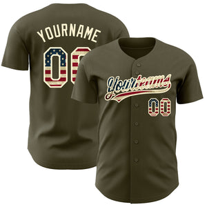 Custom Olive Vintage USA Flag-Cream Authentic Salute To Service Baseball Jersey