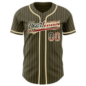 Custom Olive City Cream Pinstripe Vintage USA Flag Authentic Salute To Service Baseball Jersey