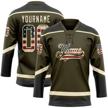 Load image into Gallery viewer, Custom Olive Vintage USA Flag Cream-Black Salute To Service Hockey Lace Neck Jersey
