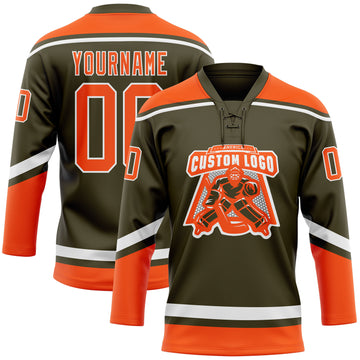 Custom Olive Orange-White Salute To Service Hockey Lace Neck Jersey