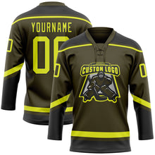 Load image into Gallery viewer, Custom Olive Neon Yellow-Black Salute To Service Hockey Lace Neck Jersey
