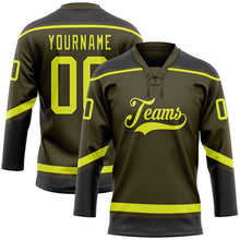 Laden Sie das Bild in den Galerie-Viewer, Custom Olive Neon Yellow-Black Salute To Service Hockey Lace Neck Jersey
