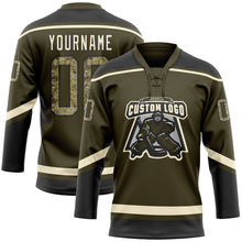 Load image into Gallery viewer, Custom Olive Camo Black-Cream Salute To Service Hockey Lace Neck Jersey
