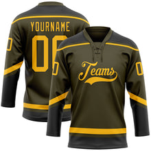Загрузить изображение в средство просмотра галереи, Custom Olive Gold-Black Salute To Service Hockey Lace Neck Jersey
