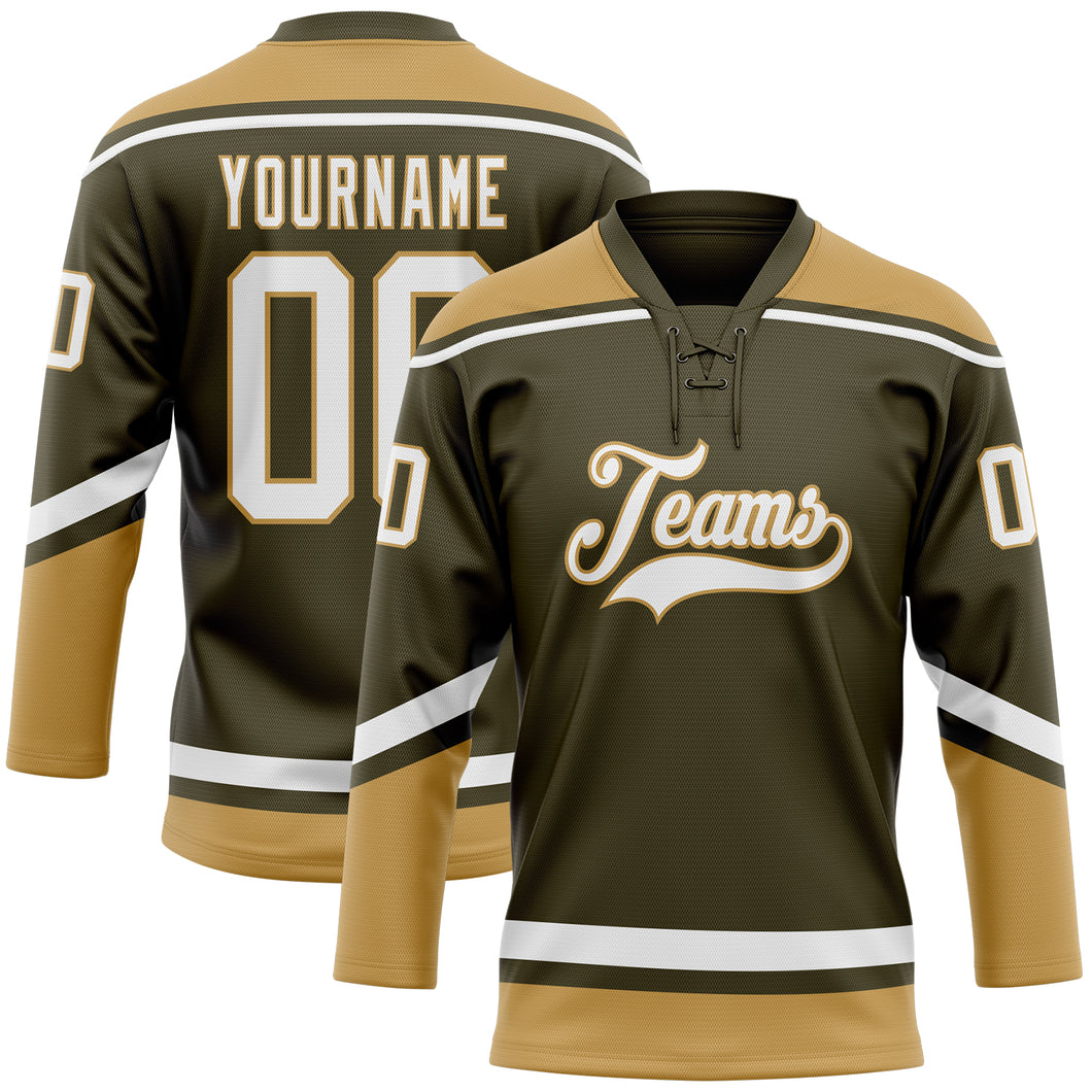 Custom Olive White-Old Gold Salute To Service Hockey Lace Neck Jersey