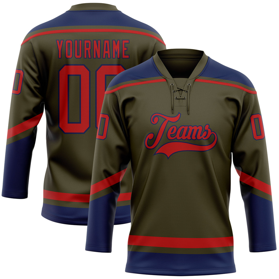 Custom Olive Red-Navy Salute To Service Hockey Lace Neck Jersey