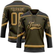 Load image into Gallery viewer, Custom Olive Old Gold-Black Salute To Service Hockey Lace Neck Jersey
