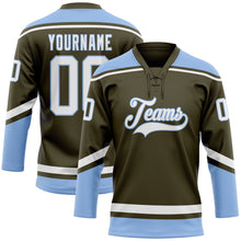 Load image into Gallery viewer, Custom Olive White-Light Blue Salute To Service Hockey Lace Neck Jersey
