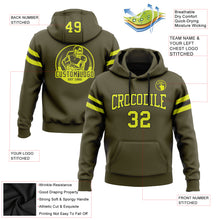 Load image into Gallery viewer, Custom Stitched Olive Neon Yellow-Black Football Pullover Sweatshirt Salute To Service Hoodie
