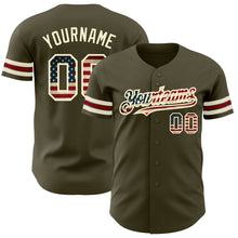 Load image into Gallery viewer, Custom Olive Vintage USA Flag Cream-Crimson Authentic Salute To Service Baseball Jersey
