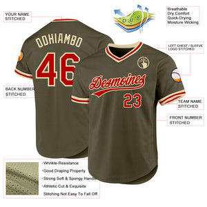 Custom Olive Red-Cream Authentic Throwback Salute To Service Baseball Jersey