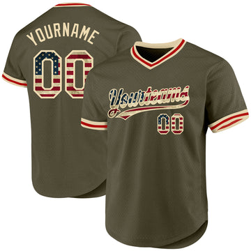 Custom Olive Vintage USA Flag Cream-Red Authentic Throwback Salute To Service Baseball Jersey