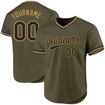 Custom Olive Black-Old Gold Authentic Throwback Salute To Service Baseball Jersey