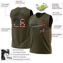 Laden Sie das Bild in den Galerie-Viewer, Custom Olive Vintage USA Flag Black-Old Gold Authentic Throwback Salute To Service Basketball Jersey
