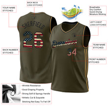 Load image into Gallery viewer, Custom Olive Vintage USA Flag Black-Old Gold Authentic Throwback Salute To Service Basketball Jersey
