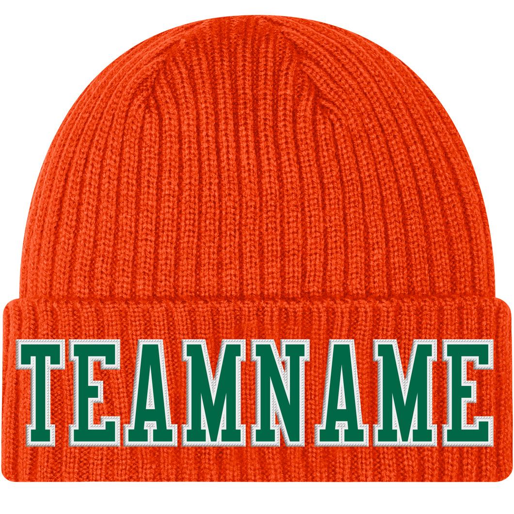 Custom Orange Kelly Green-White Stitched Cuffed Knit Hat