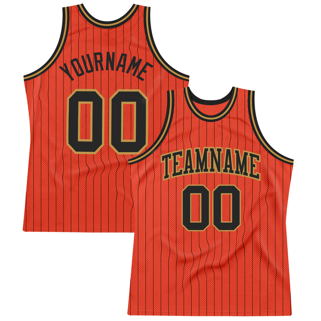 Custom Orange Black Pinstripe Black-Old Gold Authentic Basketball Jersey