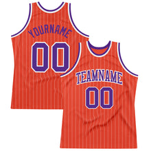 Load image into Gallery viewer, Custom Orange White Pinstripe Purple Authentic Basketball Jersey
