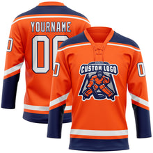 Load image into Gallery viewer, Custom Orange White-Navy Hockey Lace Neck Jersey
