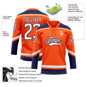 Custom Orange White-Navy Hockey Lace Neck Jersey