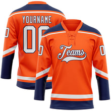 Load image into Gallery viewer, Custom Orange White-Navy Hockey Lace Neck Jersey
