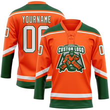 Laden Sie das Bild in den Galerie-Viewer, Custom Orange White-Green Hockey Lace Neck Jersey

