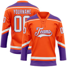 Load image into Gallery viewer, Custom Orange White-Purple Hockey Lace Neck Jersey
