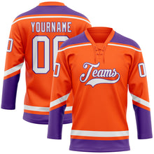 Laden Sie das Bild in den Galerie-Viewer, Custom Orange White-Purple Hockey Lace Neck Jersey
