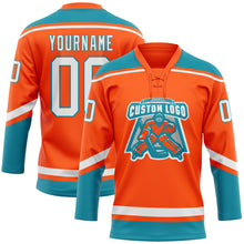 Load image into Gallery viewer, Custom Orange White-Teal Hockey Lace Neck Jersey
