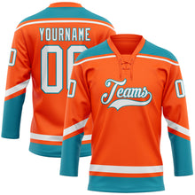 Load image into Gallery viewer, Custom Orange White-Teal Hockey Lace Neck Jersey
