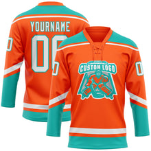 Laden Sie das Bild in den Galerie-Viewer, Custom Orange White-Aqua Hockey Lace Neck Jersey
