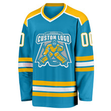 Laden Sie das Bild in den Galerie-Viewer, Custom Panther Blue White-Gold Hockey Jersey
