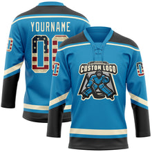 Laden Sie das Bild in den Galerie-Viewer, Custom Panther Blue Vintage USA Flag Black-Cream Hockey Lace Neck Jersey

