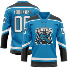 Laden Sie das Bild in den Galerie-Viewer, Custom Panther Blue White-Black Hockey Lace Neck Jersey
